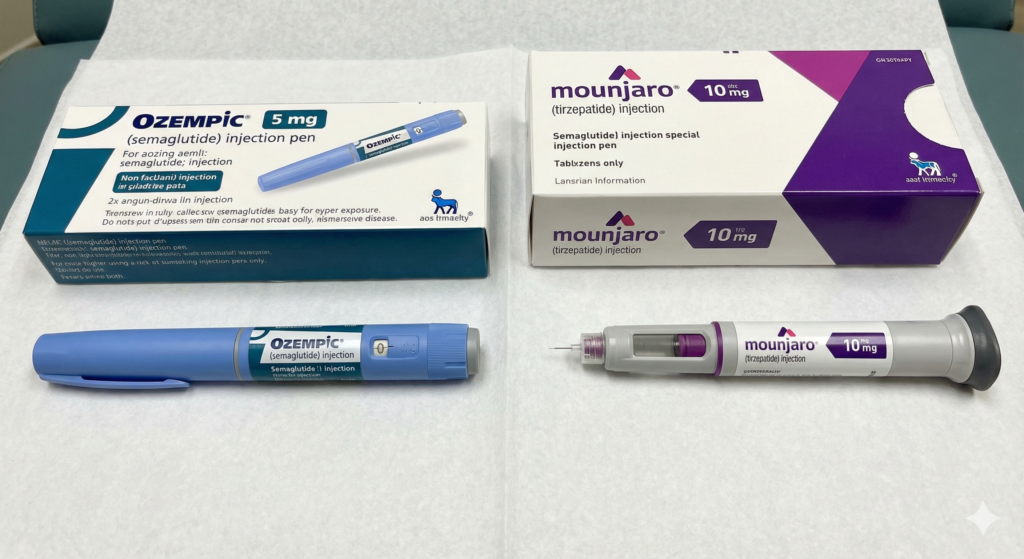 Comparativo visual lado a lado das canetas injetáveis de Mounjaro (tirzepatida) e Ozempic (semaglutida) e suas embalagens.