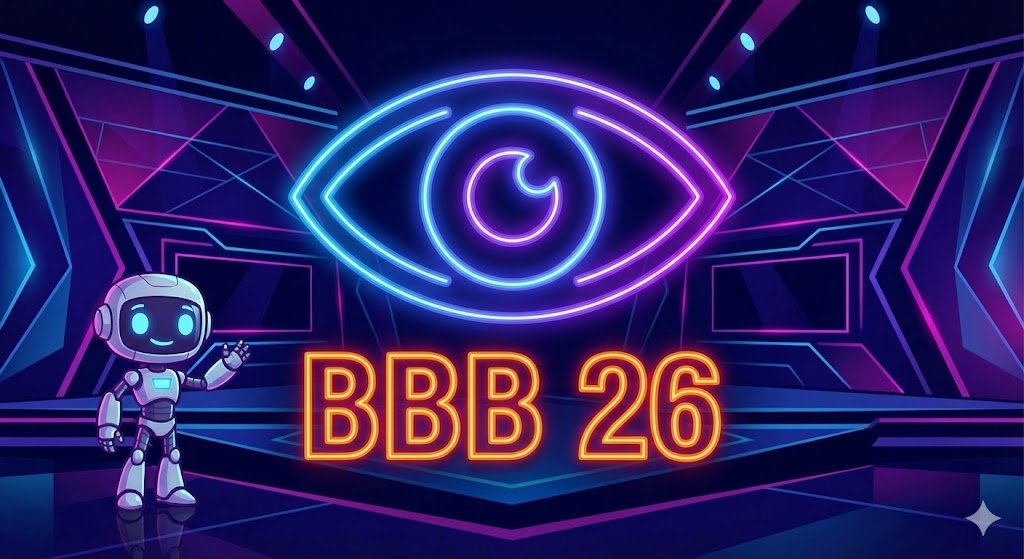 Logo oficial em neon do programa BBB 26 com o robô mascote e o olho, ilustrando o início do reality show.
