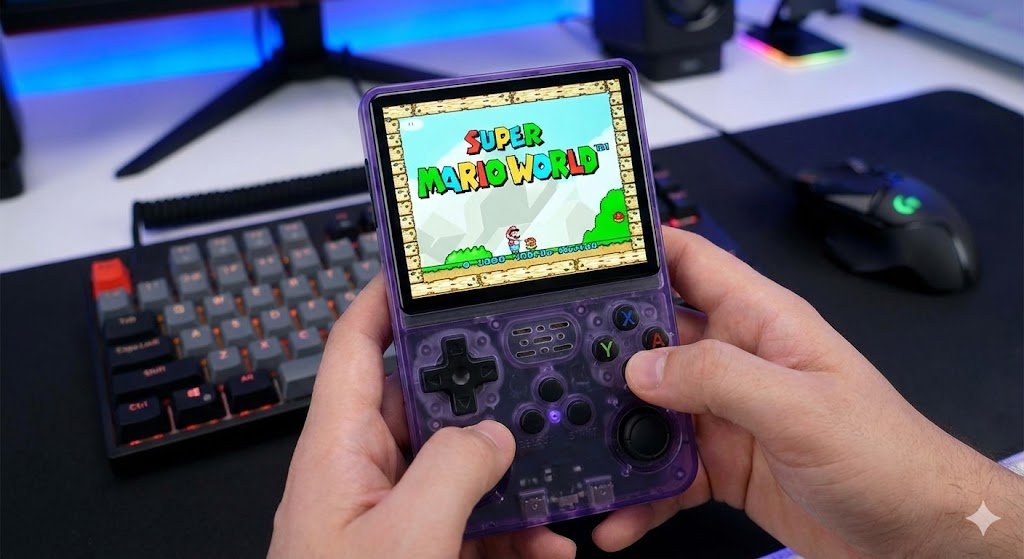 Console portátil retrô R36S roxo transparente sendo segurado por mãos, com a tela inicial do jogo Super Mario World. Ao fundo, um setup gamer com teclado mecânico e mouse.