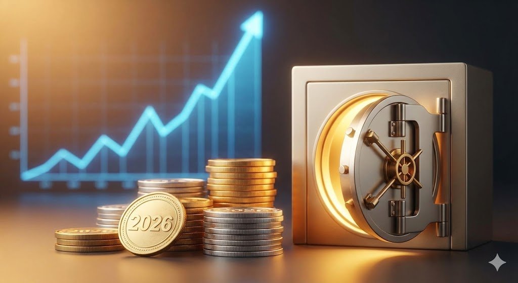 Conceito visual de investimentos para iniciantes em 2026, mostrando moedas de ouro com o ano 2026, um cofre aberto e um gráfico de crescimento financeiro em segundo plano.