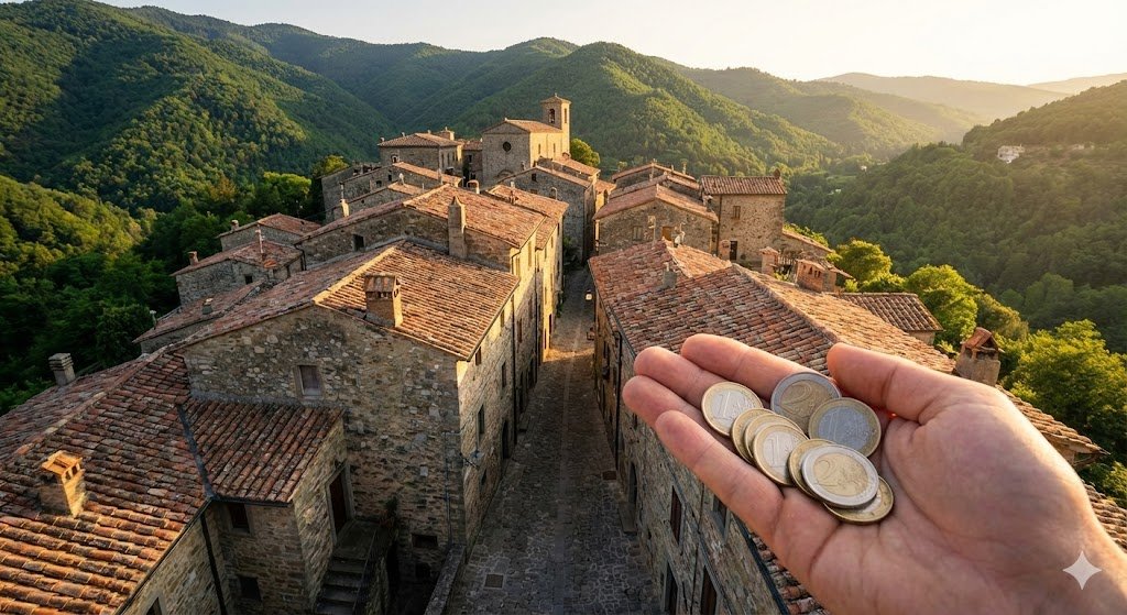 Uma foto dramática de uma vila medieval europeia nas montanhas ao pôr do sol, com uma mão segurando um punhado de moedas de Euro em primeiro plano, simbolizando cidades que pagam para morar.