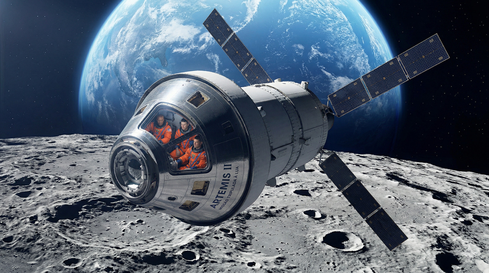 ápsula Orion da NASA flutuando no oceano após o pouso da missão Artemis 2, com três grandes paraquedas abertos iluminados pelo pôr do sol e equipes de resgate ao fundo.