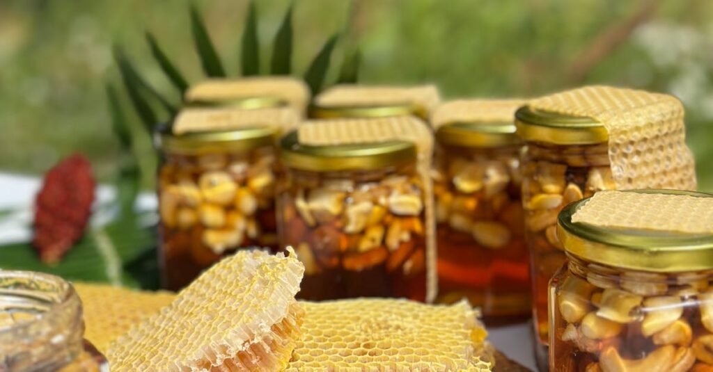 Potes de mel artesanais com favos de mel expostos em um ambiente externo exuberante, capturando a beleza da natureza.
