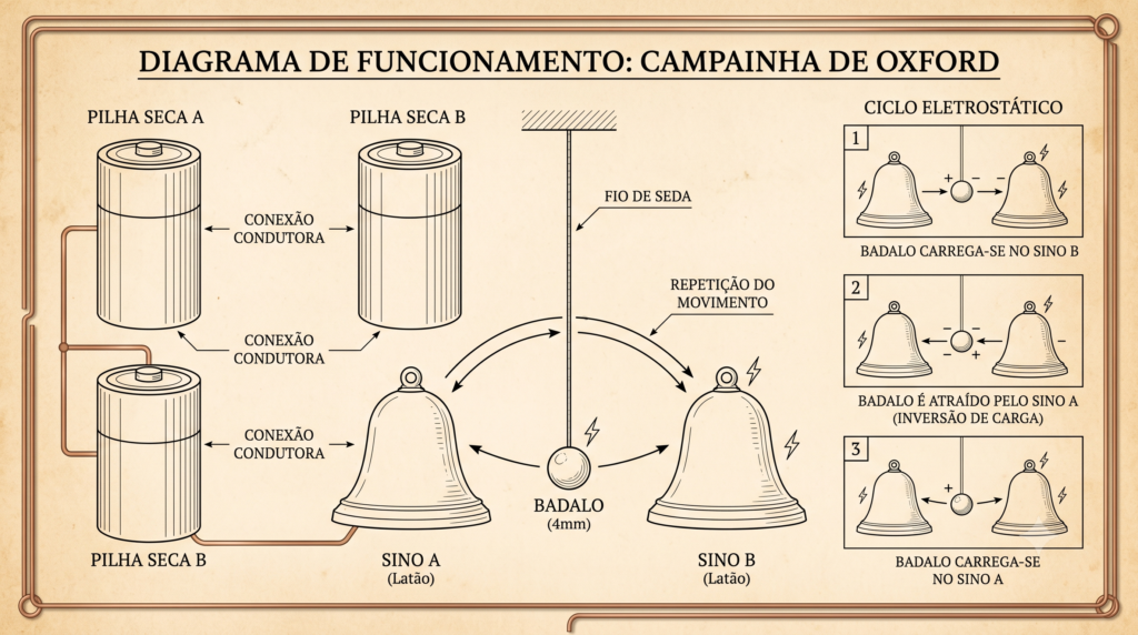 Campainha de Oxford. O diagrama detalha as "Pilhas Secas A e B", o "Badalo" e os "Sinos A e B", ilustrando o "Ciclo Eletrostático" e a repetição do movimento, com legendas em português. Tudo Curioso, tudocurioso.com