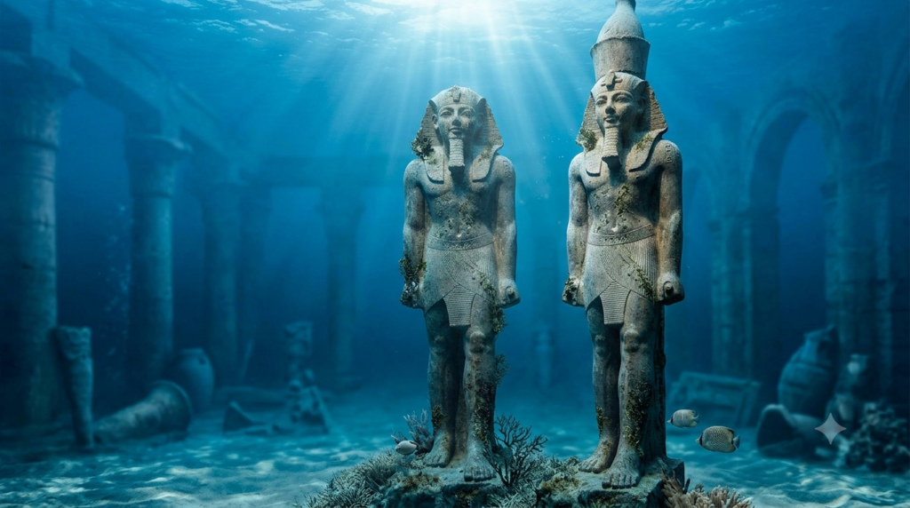 Estátua colossal de faraó egípcio submersa no fundo do mar sob raios de sol, representando o mistério de Heracleion. Tudo Curioso, tudocurioso.com
