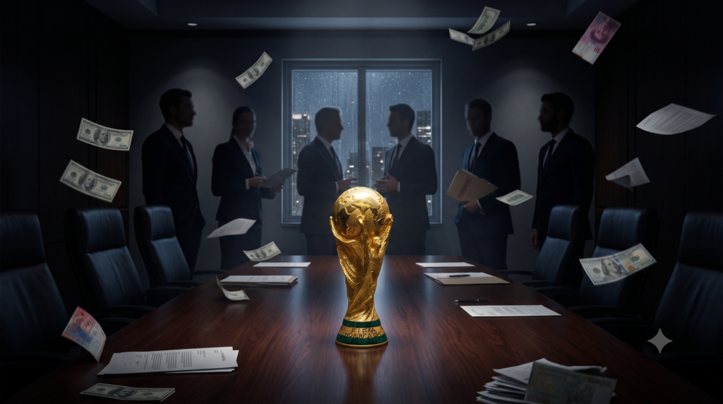 Troféu dourado da Copa do Mundo com iluminação dramática ao fundo, representando os bastidores e o lado sombrio da FIFA. Tudo Curioso, tudocurioso.com